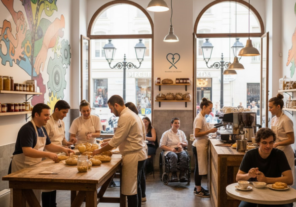 Przestronne, jasne wnętrze piekarni lub kawiarni z dużymi, półokrągłymi oknami wychodzącymi na ulicę. Kilka osób w fartuchach przygotowuje i kroi bochenki chleba przy dużym drewnianym stole, a po prawej stronie baristka obsługuje ekspres do kawy. W tle, przy ścianie, siedzi osoba poruszająca się na wózku inwalidzkim. Na ścianach widoczne są kolorowe murale z motywami roślinnymi i zębatkami, a na półkach ustawione są słoiki oraz wypieki. Przy małym stoliku z przodu siedzi klient z filiżanką kawy i talerzykiem.
