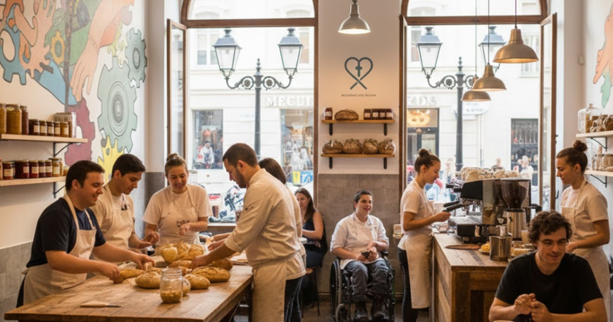 Przestronne, jasne wnętrze piekarni lub kawiarni z dużymi, półokrągłymi oknami wychodzącymi na ulicę. Kilka osób w fartuchach przygotowuje i kroi bochenki chleba przy dużym drewnianym stole, a po prawej stronie baristka obsługuje ekspres do kawy. W tle, przy ścianie, siedzi osoba poruszająca się na wózku inwalidzkim. Na ścianach widoczne są kolorowe murale z motywami roślinnymi i zębatkami, a na półkach ustawione są słoiki oraz wypieki. Przy małym stoliku z przodu siedzi klient z filiżanką kawy i talerzykiem.
