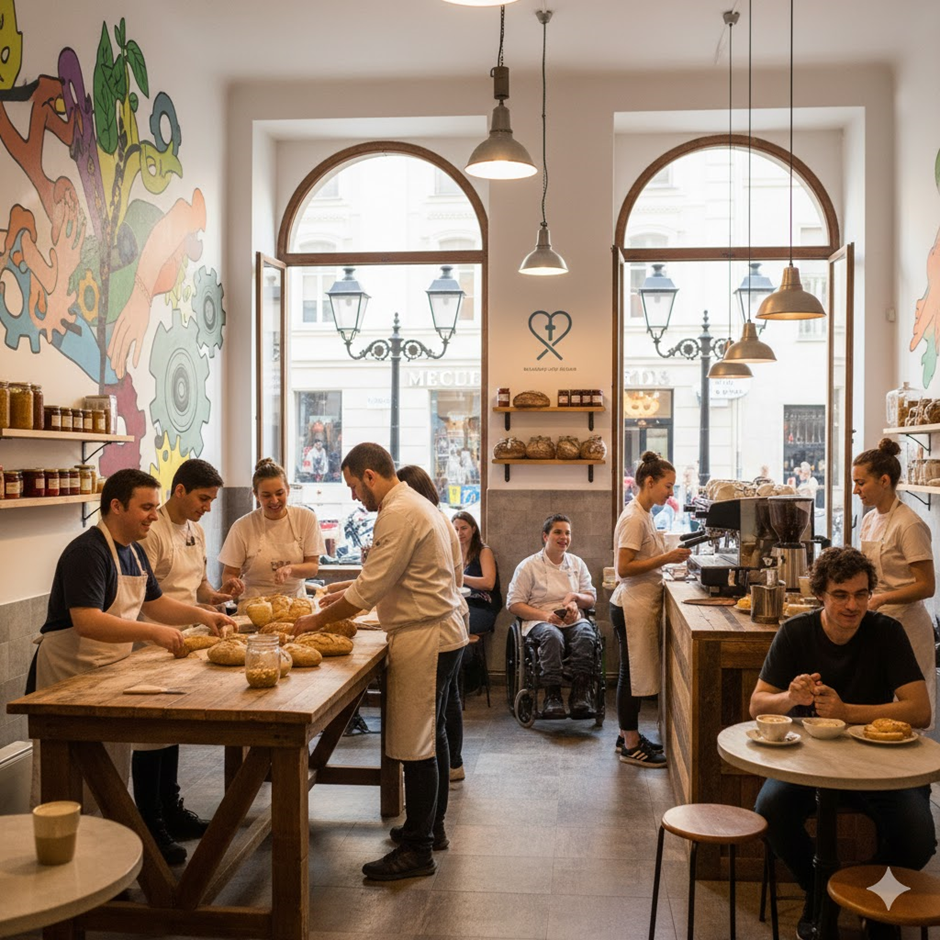 Przestronne, jasne wnętrze piekarni lub kawiarni z dużymi, półokrągłymi oknami wychodzącymi na ulicę. Kilka osób w fartuchach przygotowuje i kroi bochenki chleba przy dużym drewnianym stole, a po prawej stronie baristka obsługuje ekspres do kawy. W tle, przy ścianie, siedzi osoba poruszająca się na wózku inwalidzkim. Na ścianach widoczne są kolorowe murale z motywami roślinnymi i zębatkami, a na półkach ustawione są słoiki oraz wypieki. Przy małym stoliku z przodu siedzi klient z filiżanką kawy i talerzykiem.