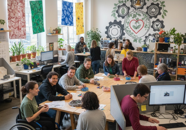 Grupa osób pracuje i spotyka się przy dużym stole w jasnej, kreatywnej przestrzeni biurowej. Część osób siedzi przy komputerach, inni rozmawiają i wykonują prace manualne. Na ścianie widoczny jest duży mural z motywem serca i zębatek, a wokół znajdują się rośliny oraz kolorowe dekoracje. Wśród uczestników jest osoba poruszająca się na wózku inwalidzkim.