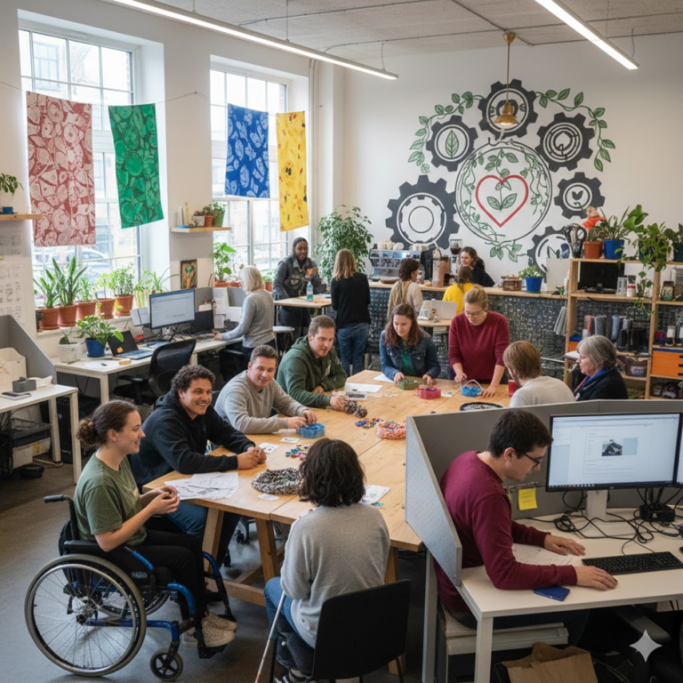 Grupa osób pracuje i spotyka się przy dużym stole w jasnej, kreatywnej przestrzeni biurowej. Część osób siedzi przy komputerach, inni rozmawiają i wykonują prace manualne. Na ścianie widoczny jest duży mural z motywem serca i zębatek, a wokół znajdują się rośliny oraz kolorowe dekoracje. Wśród uczestników jest osoba poruszająca się na wózku inwalidzkim.