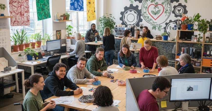 Grupa osób pracuje i spotyka się przy dużym stole w jasnej, kreatywnej przestrzeni biurowej. Część osób siedzi przy komputerach, inni rozmawiają i wykonują prace manualne. Na ścianie widoczny jest duży mural z motywem serca i zębatek, a wokół znajdują się rośliny oraz kolorowe dekoracje. Wśród uczestników jest osoba poruszająca się na wózku inwalidzkim.