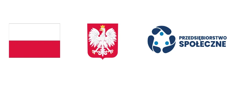 Biało-czerwona Flaga Polski, godło z białym orłem na czerwonym tle oraz logo z napisem „Przedsiębiorstwo Społeczne” na jasnym tle.